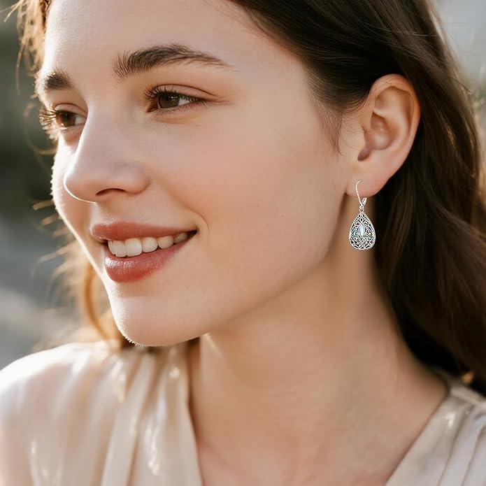 Moonstone Dragonfly Filigree Earrings for Women Sterling Silver Abalone Dragonfly Earrings Teardrop Leverback Dangle Drop Jewelry Gifts