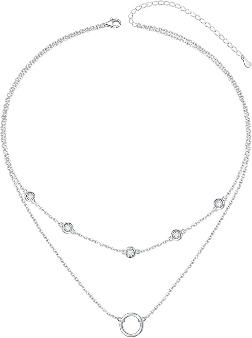 Layered Choker Necklaces for Women S925 Sterling Silver Circle/Heart/Cross/Star Multi Layered Necklace Handmade Bead Chain Adjustable Jewelry for Birthday