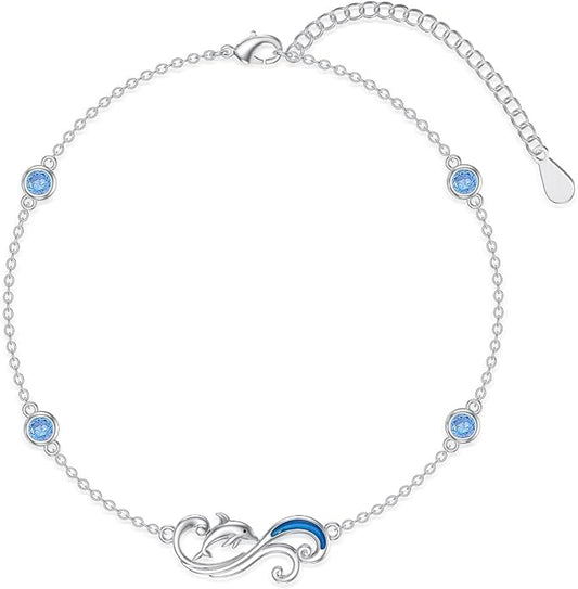 925 Sterling Silver Ankle Bracelet Evil Eye/Dolphin/Sea Turtle/Infinity/Wave Seashell/Hamsa Ankle Bracelet Adjustable Summer Beach Ocean Jewelry for Women