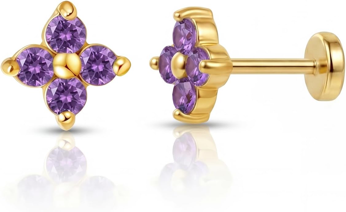 FANSING Short Threadless Cartilage Earring Stackable CZ Birthstone Flat Back Earrings for Women Small Stud Earrings for Tragus Helix Earlobe 18K Gold Plated ‌Rainbow 5.0mm