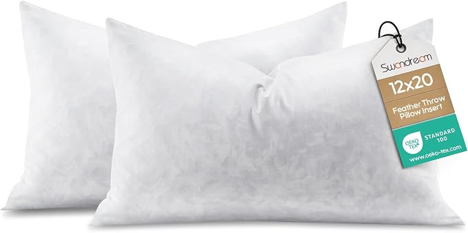 12x20 Feather Lumbar Pillow Insert Set of 2, Decorative Throw Pillow Insert for Covers, Fuller Fit with Soft Support for Bed and Couch