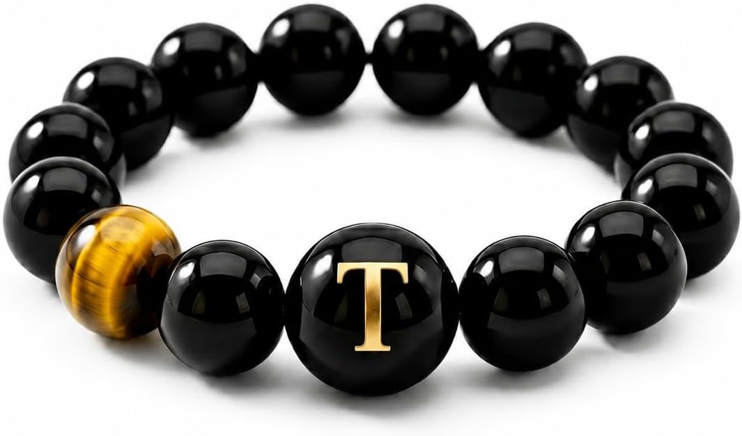Initial Ring for Women, Black Onyx Beaded Stretch Letter Ring | Personalized-style A-Z initial ring with black onyx beads, shell letter bead, stretch fit, and gift-ready box