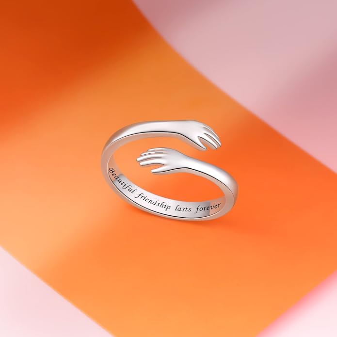 S925 Sterling Silver Hug Rings for Women Teen Girls Adjustable Ring for Granddaughter Daughter Hope Promise Friendship Hand Ring Jewelry for Birthday Graduation Christmas Mothers Day Valentines Gifts