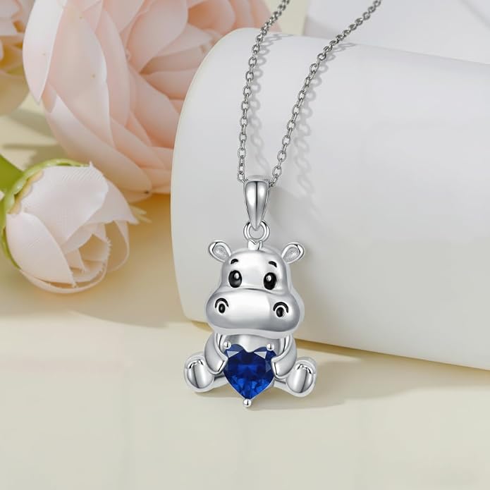 PROESS Animal Birthstone Necklace 925 Sterling Silver Otter/Axolotl/Hippo/Elephant/Dachshund/Monkey/Red Panda Pendant Necklace Animal Birthstone Jewelry Gifts for Women