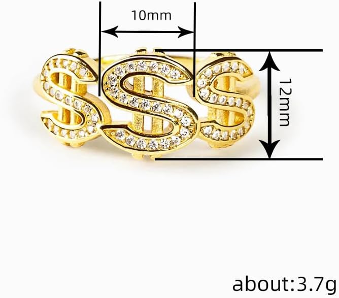 14K Gold Plated Crystal Dollar Sign Statement Rings for Men's and Women's,Cubic Zirconia Hip Hop Dollar Symbol Punk Rock Ring for Rapper Money Amulet Keepsake Rings Jewelry Size 6#