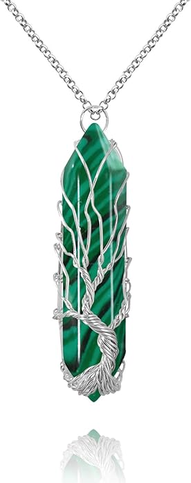 VIBILIA Healing Crystal Necklace Tree of Life Wire Wrapped Natural Stone Point Pendant Necklace Hexagonal Reiki Spiritual Quartz Gemstone Jewelry for Women Men
