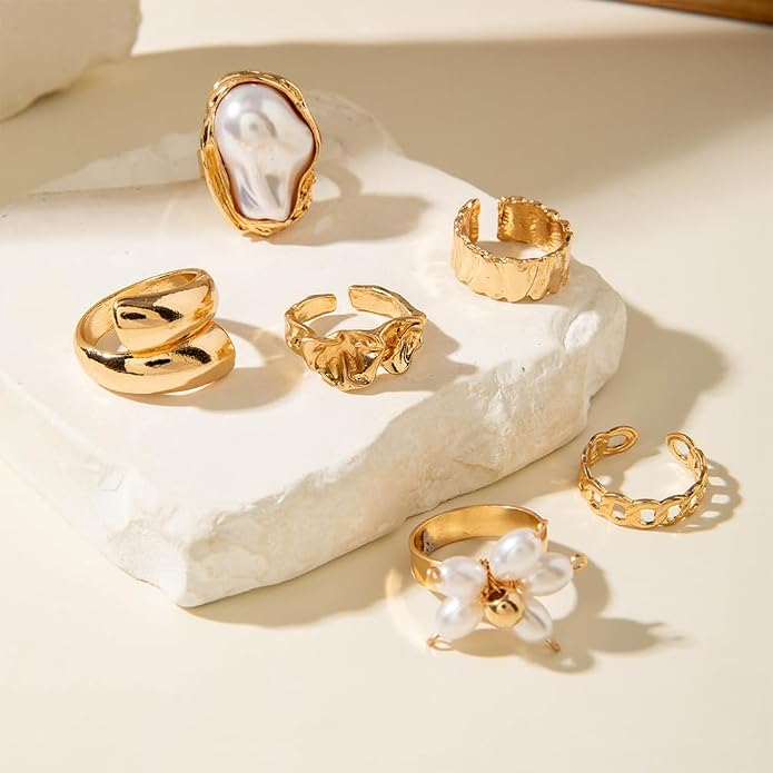 Chunky Gold Irregular Rings Stack Set for Women Statement Baroque Pearl Flower Stackable Knuckle Finger Ring Non Tarnish Boho Hammered Jewelry Gifts