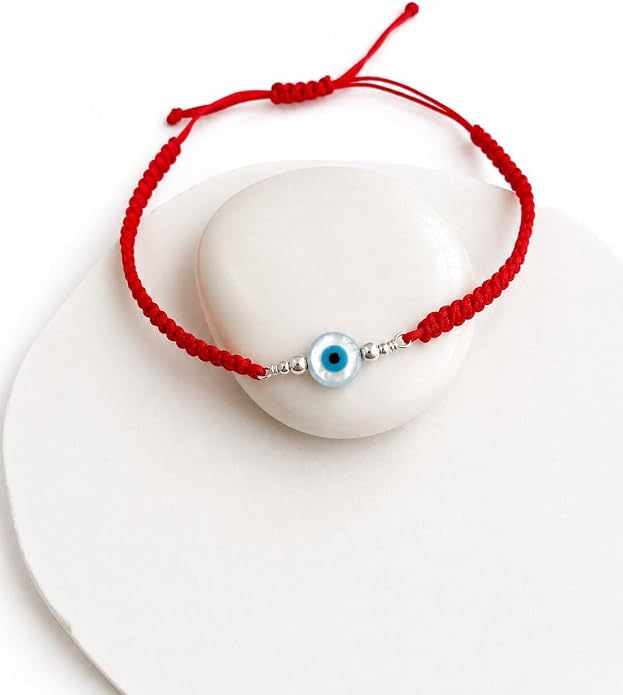 Evil Eye Bracelet for Men Women, Sterling Silver Protection Bracelet, Adjustable Black or Red Woven Cord Bracelet, Good Luck Jewelry Gift