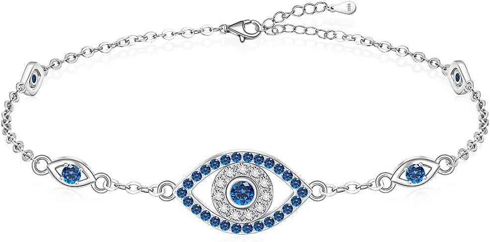 Blue Evil Eyes Link Bracelet, Evil Eye Earrings, S925 Sterling Silver Dainty Cubic Zirconia Adjustable Link Lobster Claw Clasp Chain Jewelry
