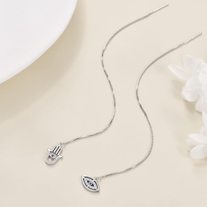 Sterling Silver Threader Earrings Flower Heart Moon Star Tiny Cube Rhombus Sector Beads Dream Catcher Evil Eye Butterfly Leaf Lightning Bolt Tassel Dangle Drop Chain Charm Earrings Jewelry Gifts for Women