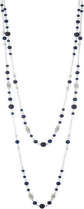 Long Beaded Silver Necklaces for Women Layered Long Statement Necklace with Stone Pearl Beads Double Sweater Chain Costume Jewelry for Women