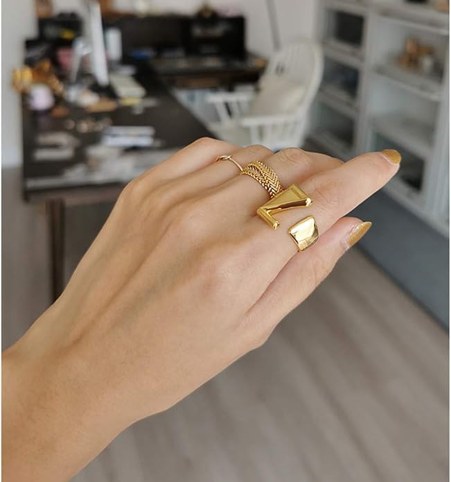 KeyStyle Bold Initial Letter Rings Adjustable, GoldChic Jewelry Women Gold Statement Ring Personalized Engraved Women’s Open Signet Ring for Party (Gold, White Gold, Black)