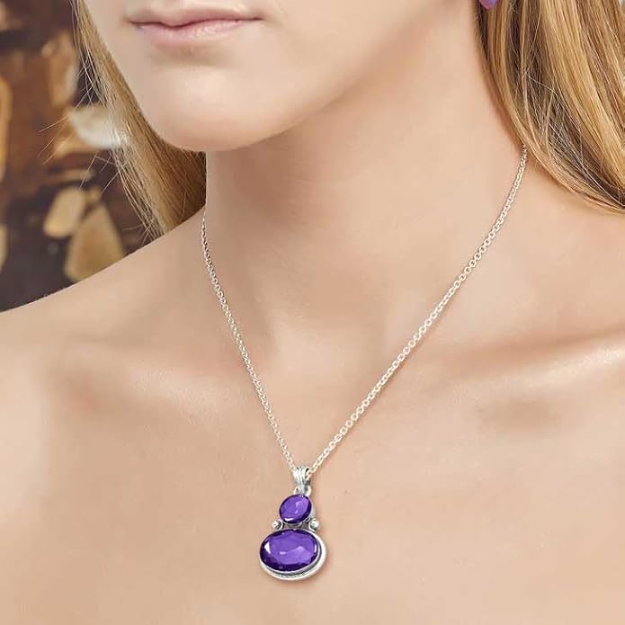 Handmade Genuine 925 Sterling Silver Pendant Necklace Natural Gemstone Crystal, Lapis, Onyx, Amber Oval Round Boho Jewelry For Women