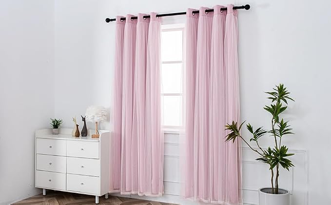 INLINAS Pale Pink Blackout Curtains with Sheer Overlay - Grommet Top Thermal and Noise Reduction Panels for Bedroom and Living Room Light Blocking and Energy Saving, 52 x 63 Inches, Set of 2