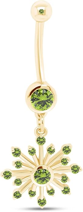 AFFY Snowflake Belly Button Ring for Women Simulated Birthstone, Round Cut Gemstone in 14K Gold Over 925 Sterling Silver, Navel Barbell Piercing Jewelry for Her