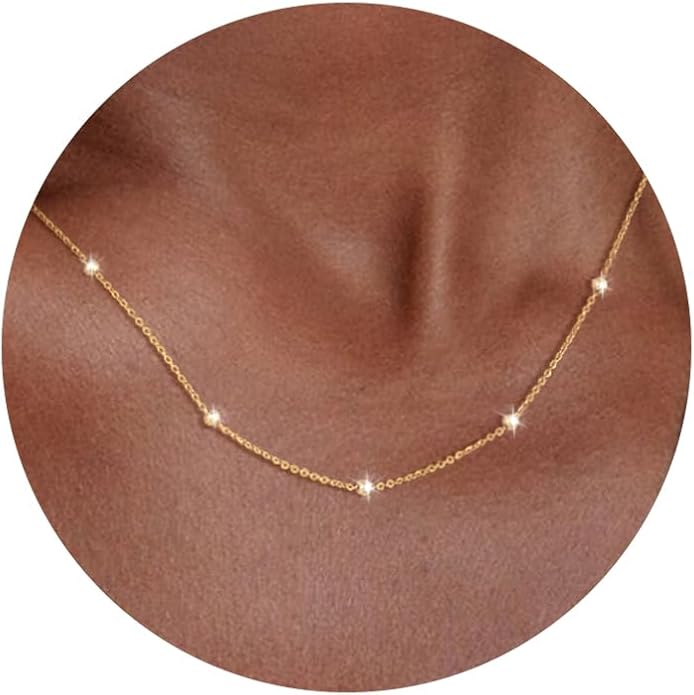 Carffordo 925 Sterling Silver Chain Necklace 16K Gold Plated Beaded Chain Necklace for Women Simple Dainty Choker Necklace Satellite Waterproof Link Necklace Trendy Jewelry Gifts