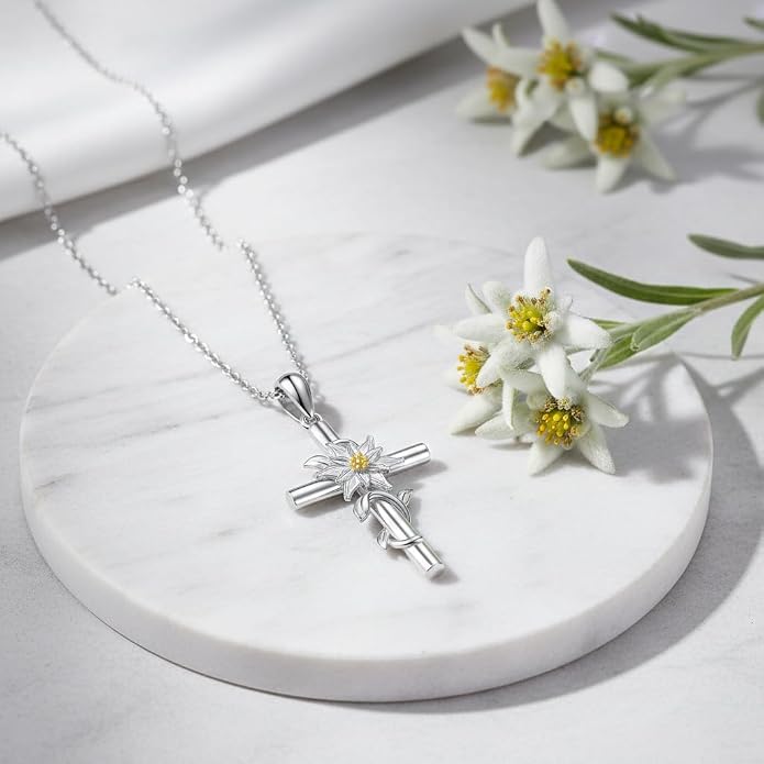 Flower Cross Necklace 925 Sterling Silver Carnation/Rose/Lily/Daisy Cross Necklace Birth Flower Jewelry for Women