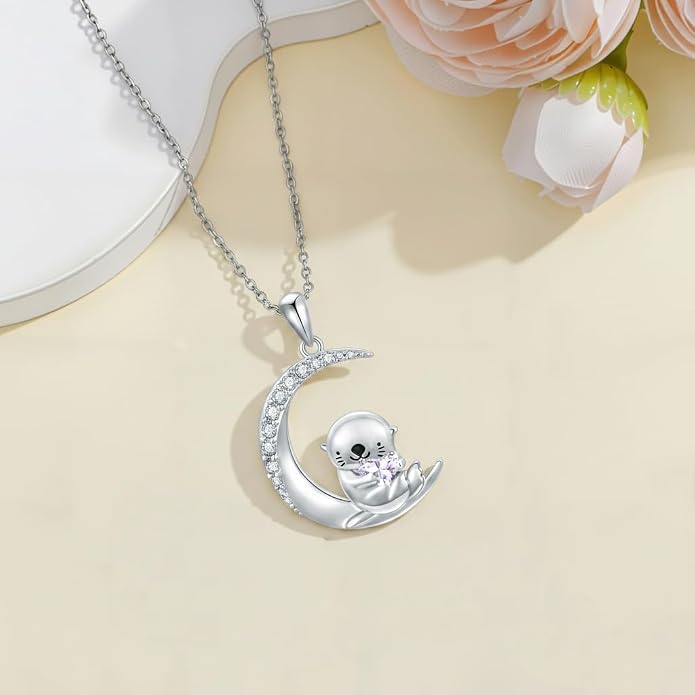PROESS Animal Birthstone Necklace 925 Sterling Silver Otter/Axolotl/Hippo/Elephant/Dachshund/Monkey/Red Panda Pendant Necklace Animal Birthstone Jewelry Gifts for Women