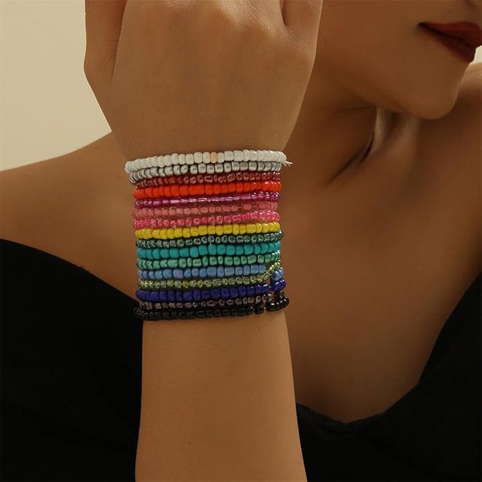 Boho Stackable Seed Beaded Bracelets for Women 18-20Pcs Colorful Handmade Multilayered Rice Bead Bracelet Set Summer Beach Bohemian Jewelry Gift