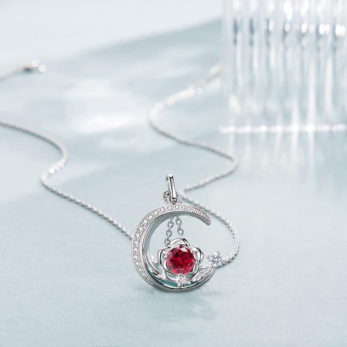 Birthstone Necklace for Women Sterling Silver Moon Pendant Necklaces Anniversary Birthday Fine Jewelry Gifts for Her Women Mother, Adjustable Chain