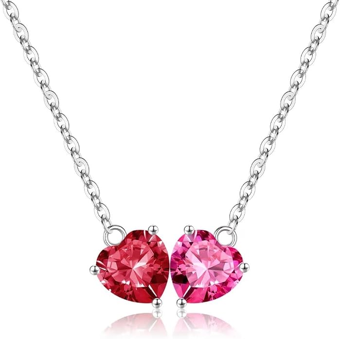 Iefil 1.25Ct Double Heart Birthstone Necklace - 925 Sterling Silver Birthstone Necklace, Birthday Gifts for Women, Jewelry Gifts for Mom Daughter Wife