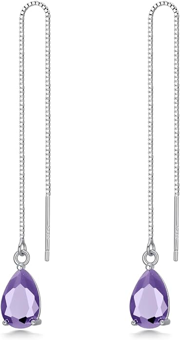 925 Sterling Silver Threader Drop Long Box Chain Ear Line Earrings with 11 * 8mm Birthstone Crystals, Birthday Jewelry Gifts for Women