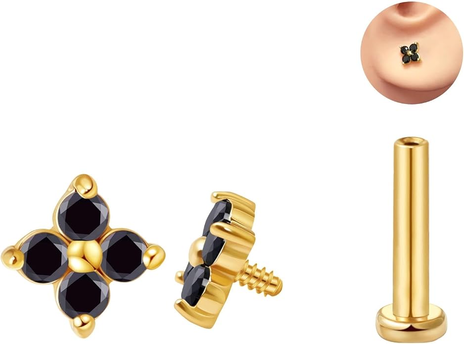 FANSING CZ Flower Internally Threaded Flat Back Earring Labret Stud for Cartilage Tragus Helix Conch