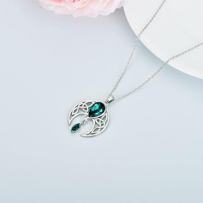 AOBOCO Sterling Silver Celtic Crescent Moon Goddess Pendant Irish Good Luck Necklace with Birthstone Crystal, Celtic Moon Jewelry Gift for Women Mom Wife