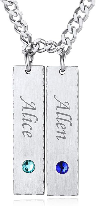 Custom4U Personalized Birthstone Bar Necklaces for Women, Custom Handmade Silver/Black/Gold Vertical Bar Pendants with 1-3 Names Engraved,Unique Memorial Necklace for Her