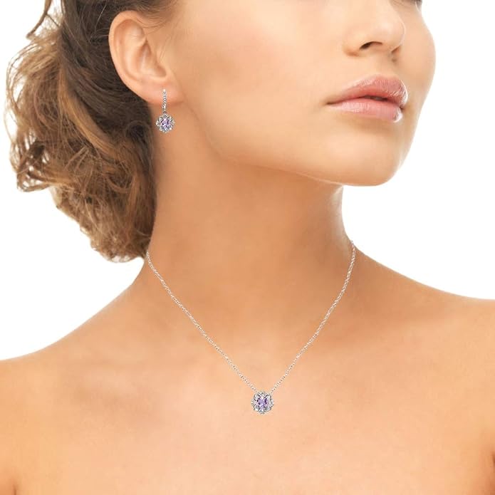 B. BRILLIANT Sterling Silver Genuine or Synthetic Gemstone 6mm Round-Cut Flower Dainty Slide Necklace & Leverback Earrings Set