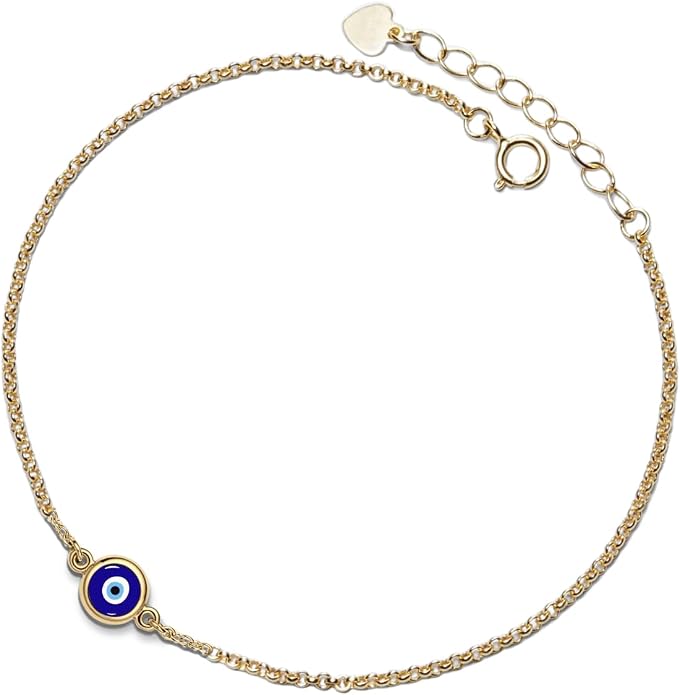 PERIMADE Evil Eye Anklets for Women, Waterproof 925 Sterling Silver Lucky Blue Eye Ankle Bracelet, 18K Gold Plated Adjustable Chain Anklet Bracelet Dainty Beach Jewelry for Her
