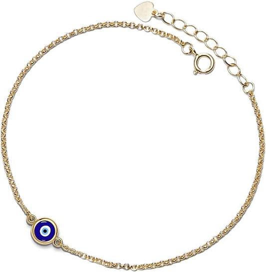 PERIMADE Evil Eye Anklets for Women, Waterproof 925 Sterling Silver Lucky Blue Eye Ankle Bracelet, 18K Gold Plated Adjustable Chain Anklet Bracelet Dainty Beach Jewelry for Her