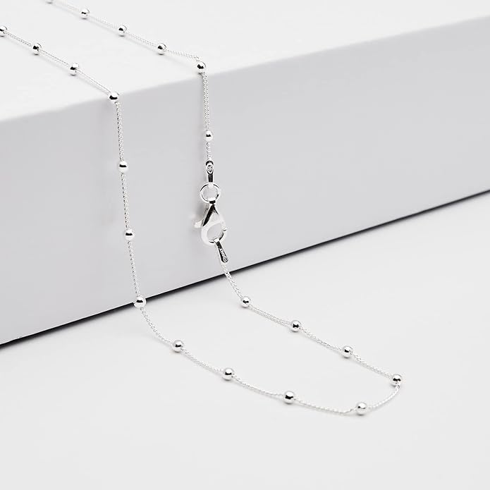 Women's Silver Necklace - 925 Sterling Silver Small Chain Beaded Necklace Layered Stacking Curb Chain Necklace for Women Ladies 16" 18" 19" 20" 21" 22" 24" In