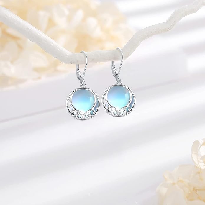 Dangle Earrings Sterling Silver Moonstone/Turquoise/CZ/Crystal Earrings for Women Tree of Life Animal Filigree Leverback Earrings Jewelry Gifts