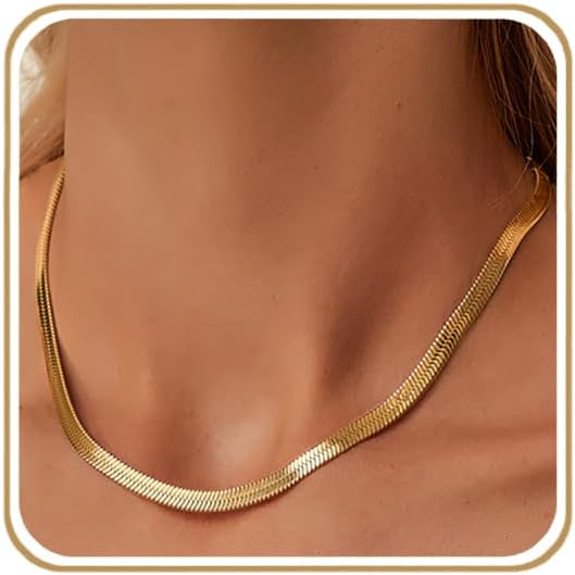 Jewlpire Silver/18K Gold Plated Herringbone Necklace for Women, 3mm 4mm 5mm Necklace for Women, Flat Snake Chain Necklaces, Fashion Women's Chain Necklaces 16 18 20 22 24 Inch