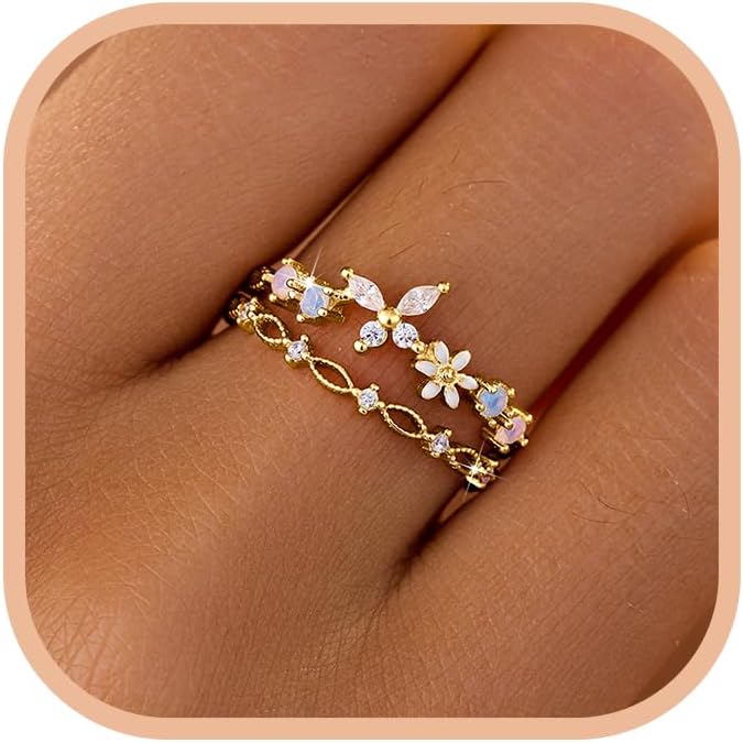 LOVECOM 925 Sterling Silver Butterfly Daisy Flower Rings for Women Mothers Self Love Ring for Myself Adjustable Gold Layered Colorful Opal Cubic Zirconia Stackable Ring Jewelry Gifts to Daughter
