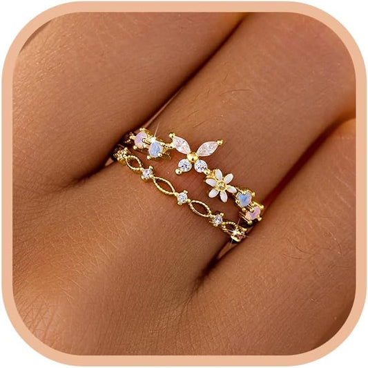 LOVECOM 925 Sterling Silver Butterfly Daisy Flower Rings for Women Mothers Self Love Ring for Myself Adjustable Gold Layered Colorful Opal Cubic Zirconia Stackable Ring Jewelry Gifts to Daughter