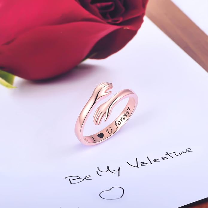 S925 Sterling Silver Hug Rings for Women Teen Girls Adjustable Ring for Granddaughter Daughter Hope Promise Friendship Hand Ring Jewelry for Birthday Graduation Christmas Mothers Day Valentines Gifts