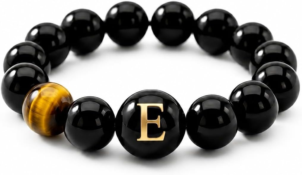 Initial Ring for Women, Black Onyx Beaded Stretch Letter Ring | Personalized-style A-Z initial ring with black onyx beads, shell letter bead, stretch fit, and gift-ready box