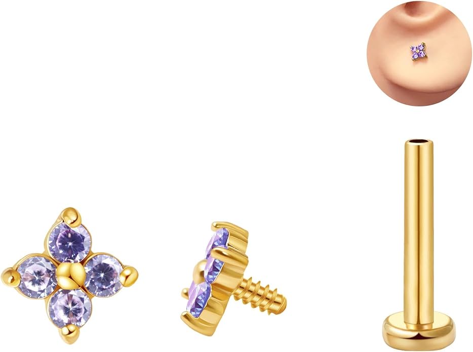 FANSING CZ Flower Internally Threaded Flat Back Earring Labret Stud for Cartilage Tragus Helix Conch