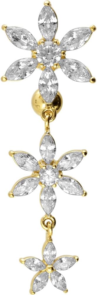 PIERCINGLINE Belly Button Piercing 3 CRYSTAL FLOWERS surgical steel, skin-safe