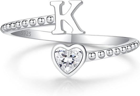 Step Forward 925 Sterling Silver Adjustable Initial Ring for Women | Non Tarnish Letter Rings for Lady | Alphabet Heart Thumb Rings | Capital Letter Jewelry Gifts