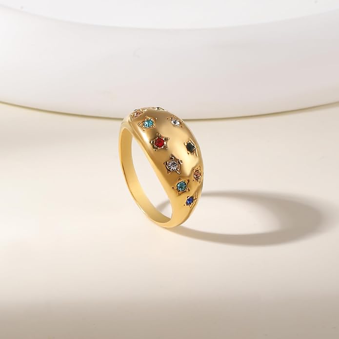 Gold Silver Rings Set for Women Chunky Statement Rings ZC Dome Evil Eye Croissant ring Thick 18K Gold Plated Band Rings