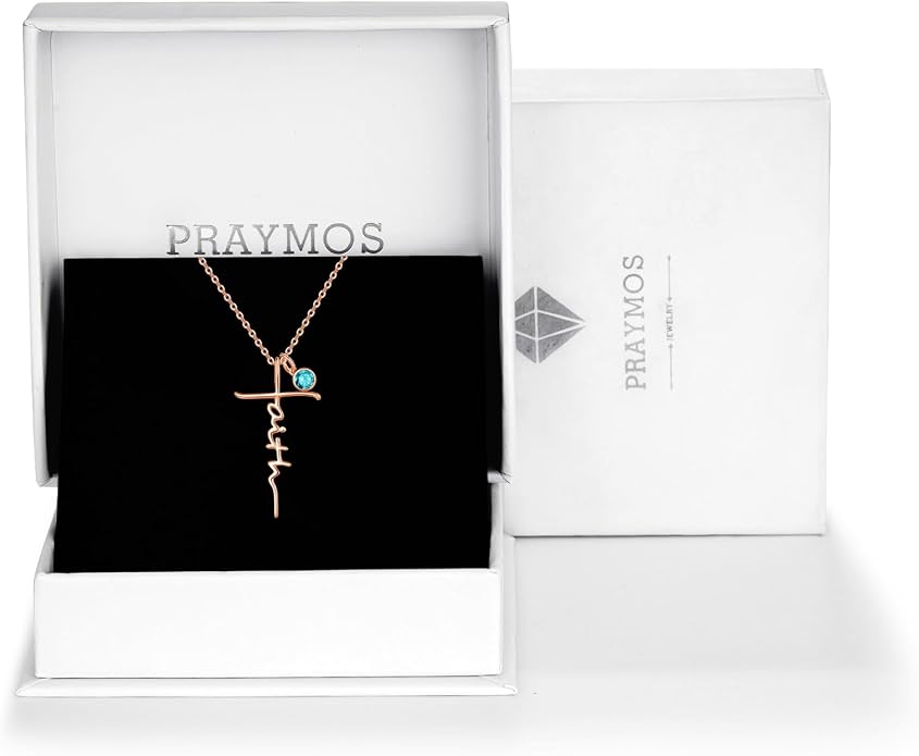PRAYMOS Faith Cross Necklace for Women 925 Sterling Silver Pendant Necklace With Birthstone Initial Christian Religious Confirmation Baptism Mothers Day Gifts
