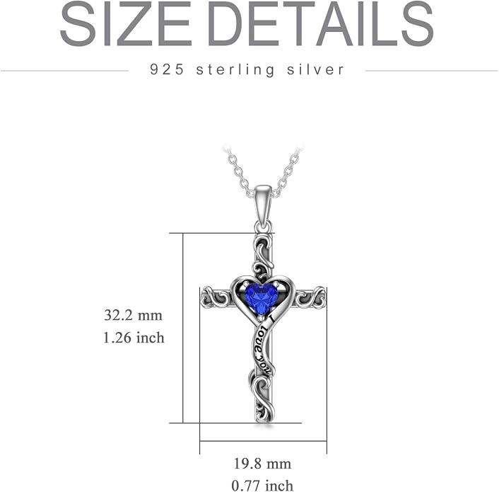 TOUPOP Cross Birthstone Necklace for Women 925 Sterling Silver Heart Cross Pendant I Love You Jewelry Anniversary Birthday Mothers Day Gifts for Mom Wife Her