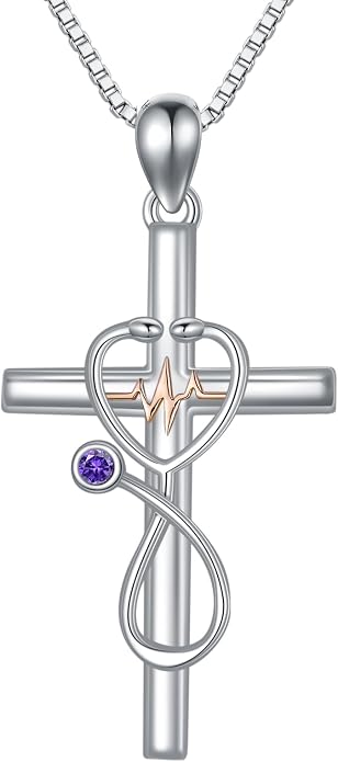 HPQQ Gifts for Nurse Sterling Silver Stethoscope Cross Necklace Nurses Birthstone Jewelry Nursing Themed Medicine Nurses Week Graduation Gifts Doctor Medical Student RN
