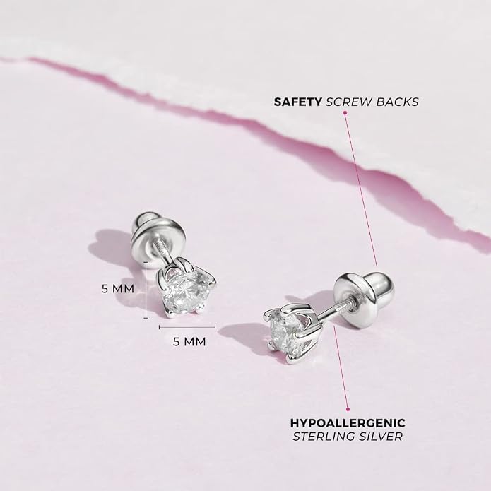 In Season Jewelry Solitaire Simulated Birthstone Kids Earrings - 925 Sterling Silver Hypoallergenic Earrings for Girls with Secure Screw Backs - Safe & Comfortable for Kids & Little Girls