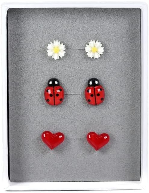 Metal Free Plastic Post Earrings Gift Set (Dainty Daisy, Ladybug, Red Heart)