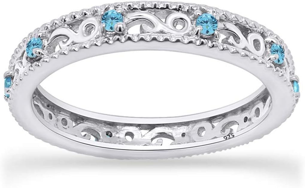 Jewel Zone US Filigree Eternity Wedding Band Ring for Women, Round Cut Simulated Gemstone Stackable Promise Ring in 14K Gold Plated 925 Sterling Silver Band Width 3.5mm – Elegant Jewelry for Her