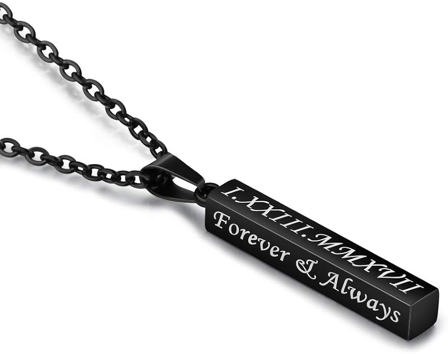 Personalized Engraved Necklace for Women Men Custom Stainless Steel Necklace Engraved Name Vertical Bar Necklace Birthday Gifts for Boyfriend (Black)